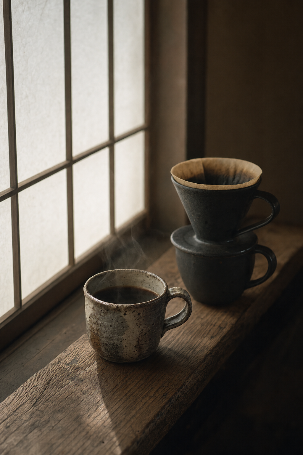 A wabi-sabi ceramic cup and pour-over dripper on a wooden windowsill, steam rising in soft morning light