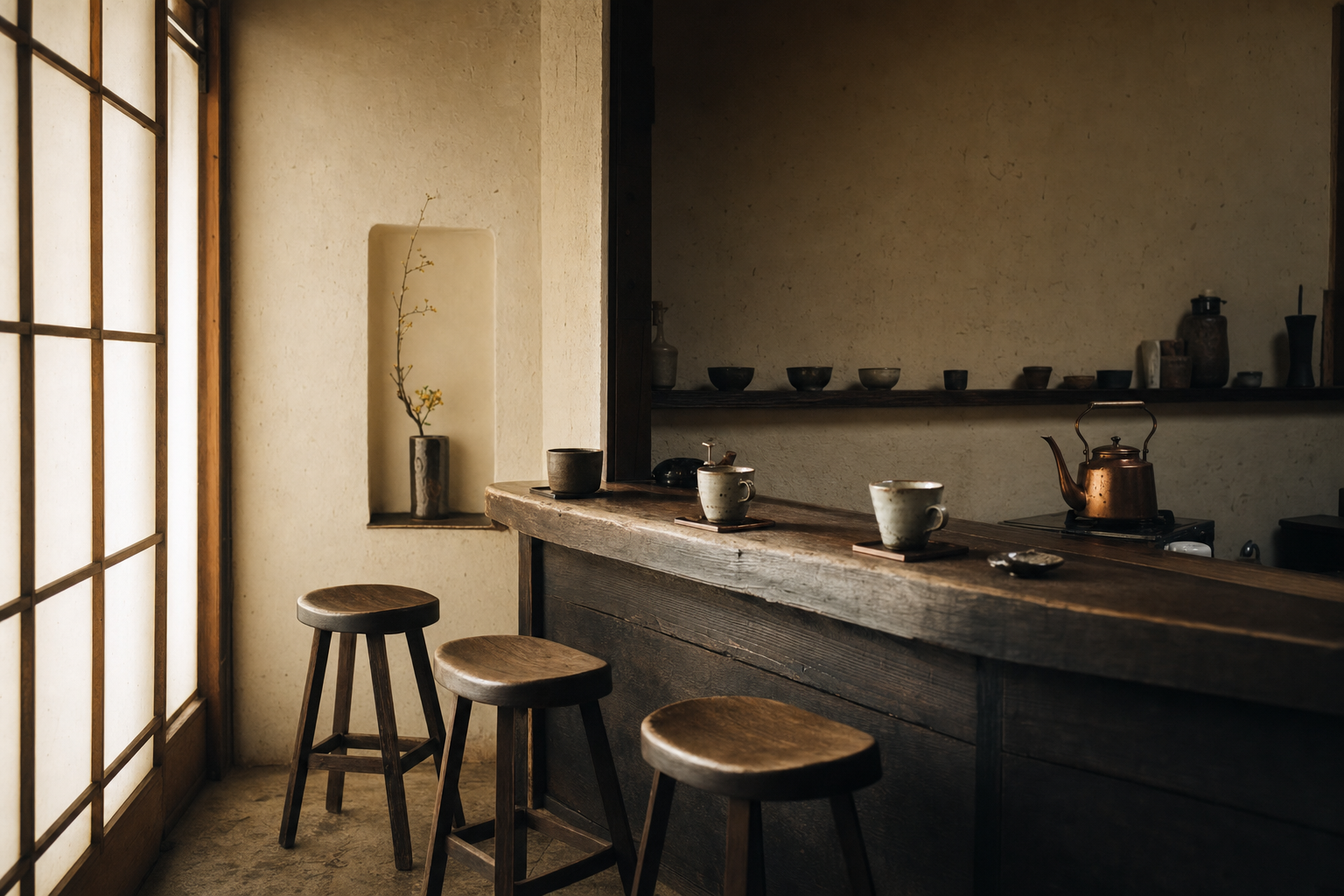 The kissaten interior: a low counter of dark hinoki wood, ceramic cups, and soft light through shoji paper screens
